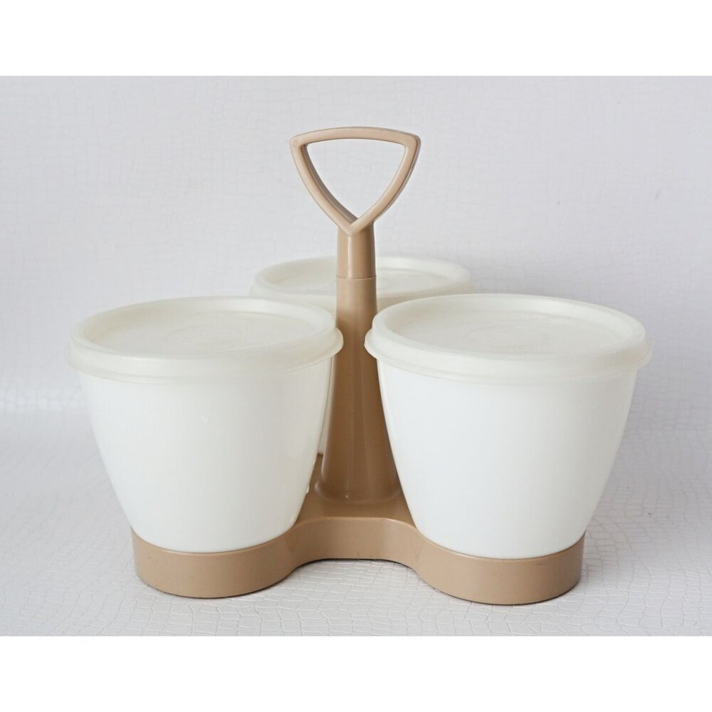 Vintage Tupperware Serve ‘n Store 3-pc Condiment Set with Caddy Carrier Almond